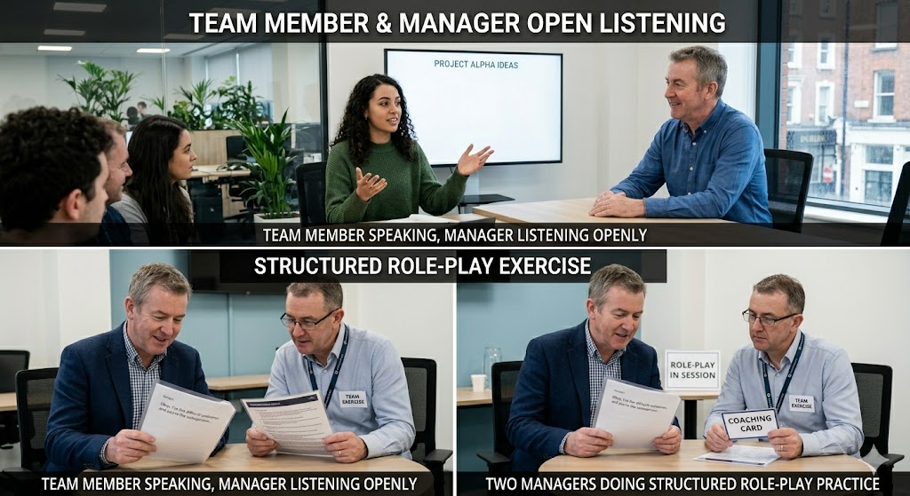 A retail manager listening attentively while a team member speaks — real coaching in action