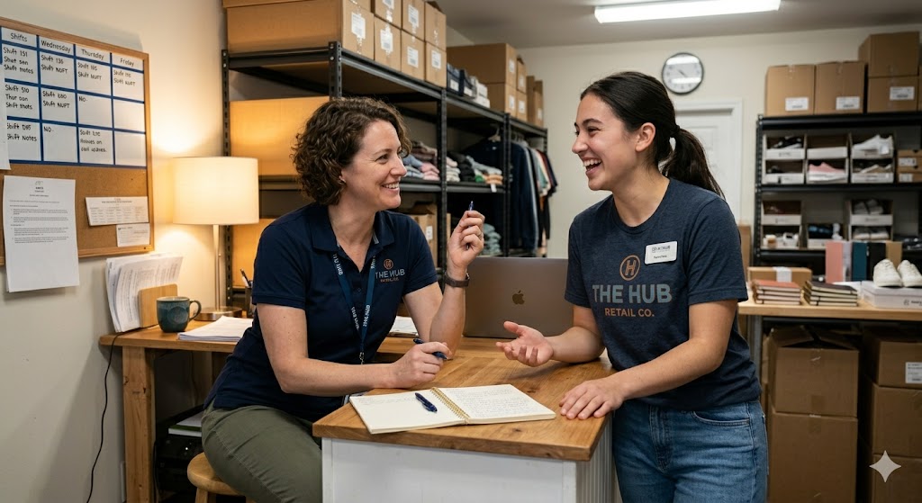 A new retail manager in an informal one-to-one conversation with a team member