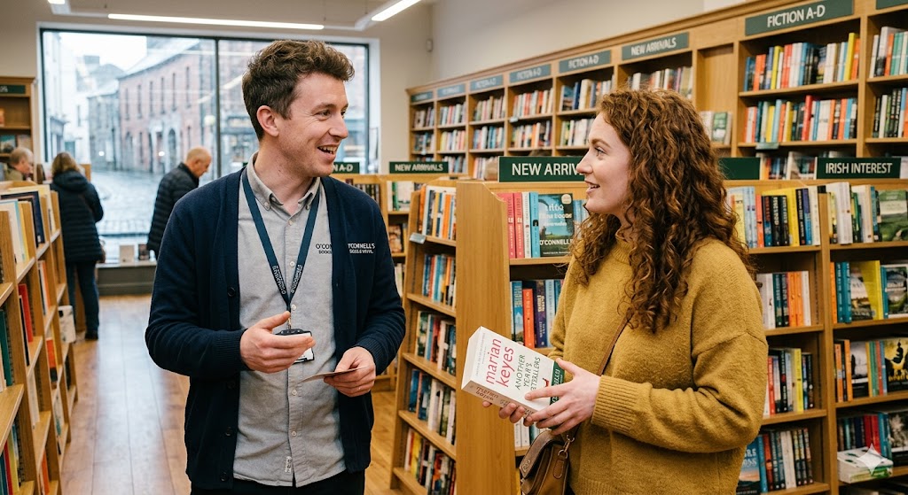 A retail staff member alongside a customer mid-browse — the Discovery phase in action