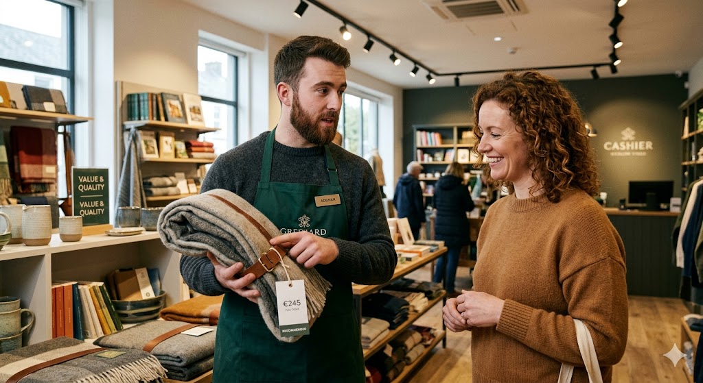A retail staff member confidently explaining product value to a customer at full price