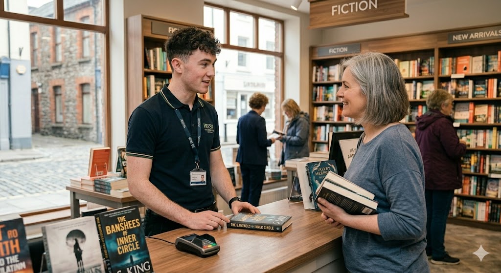 A retail staff member engaging confidently with a customer on the shop floor